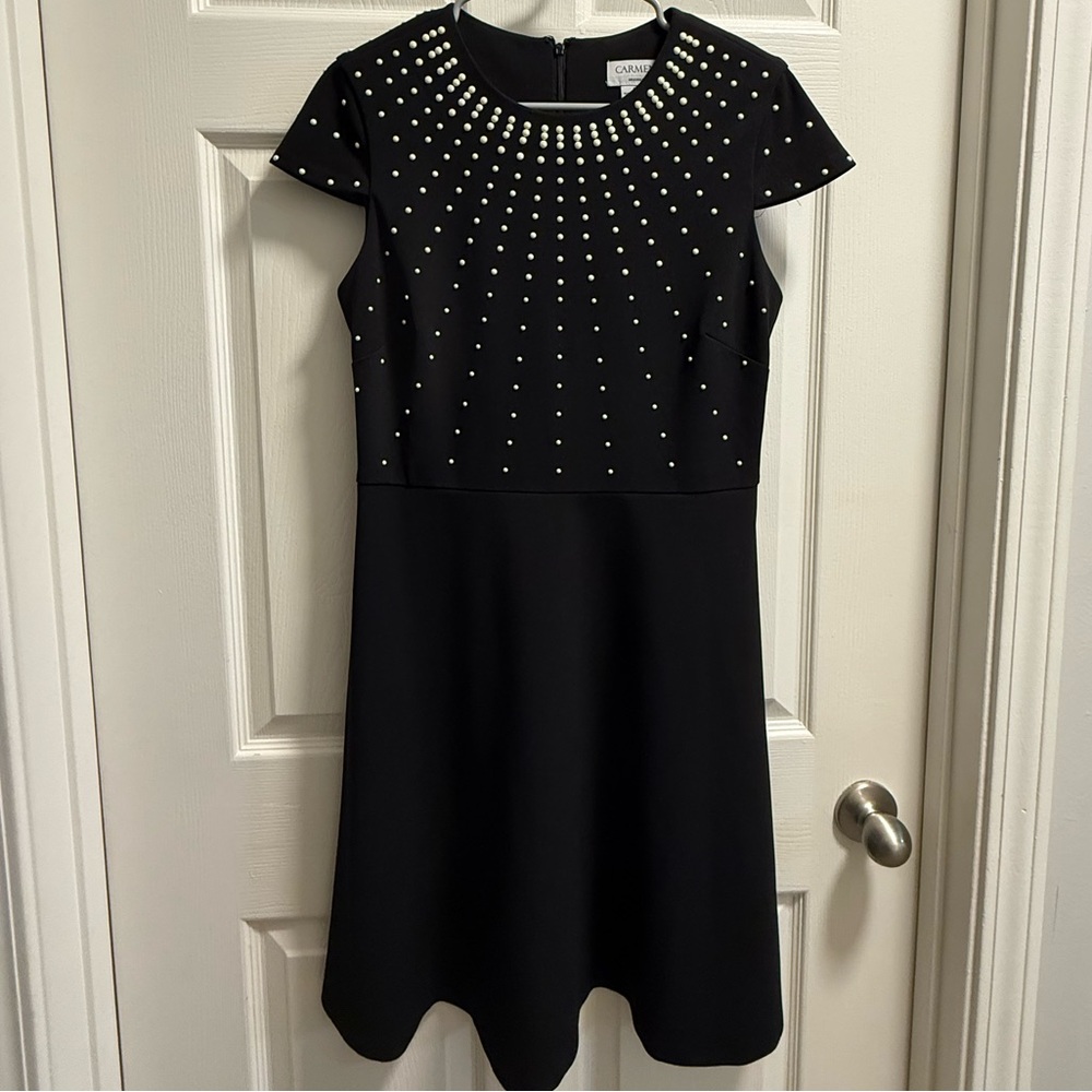 Carmen Marc Valvo - Black Pearl Studded Fit & Flare Dress – Size 6 - Picture 2 of 4
